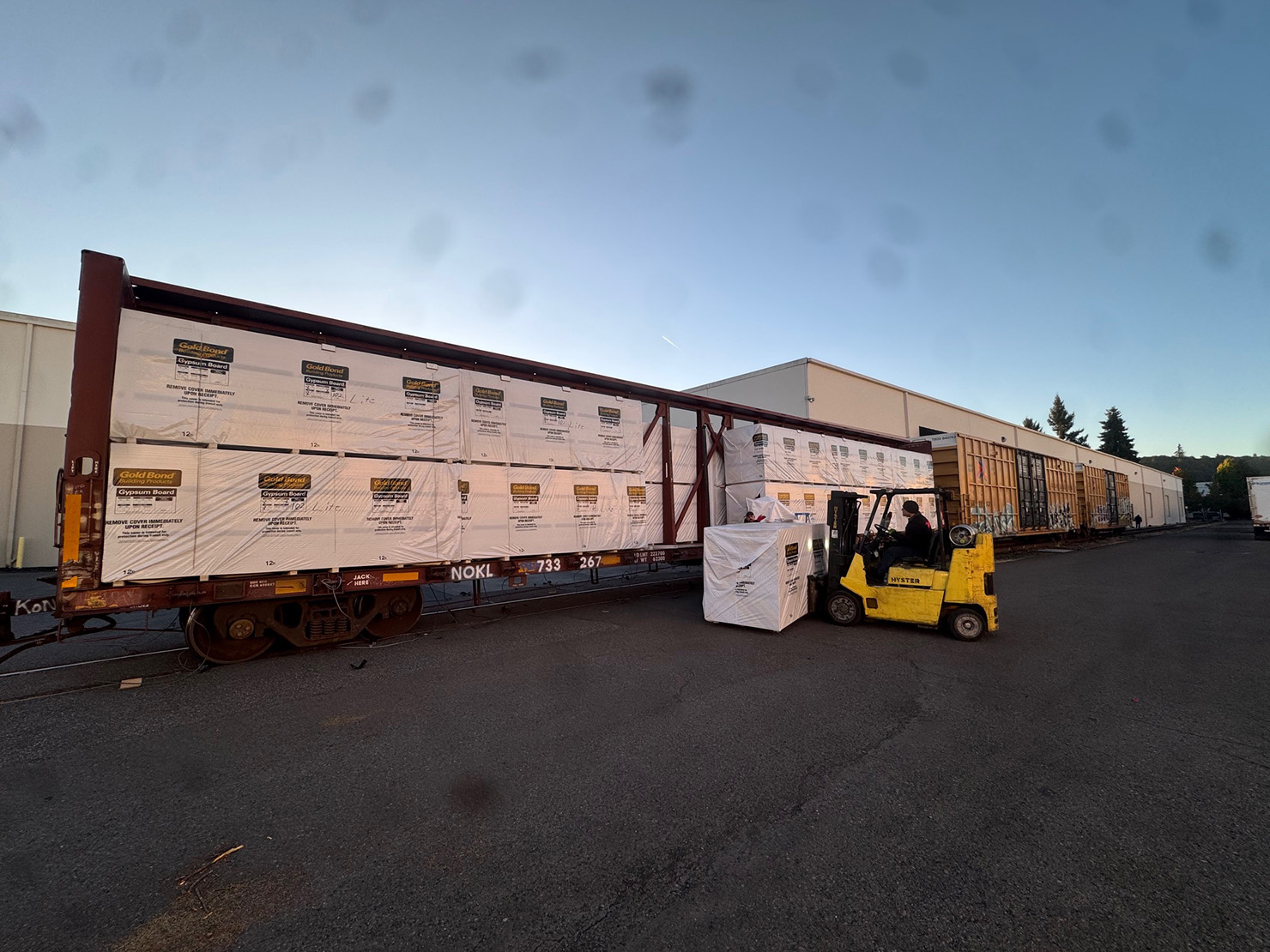 Railcar transloading and forklift handling at Wymore Transfer